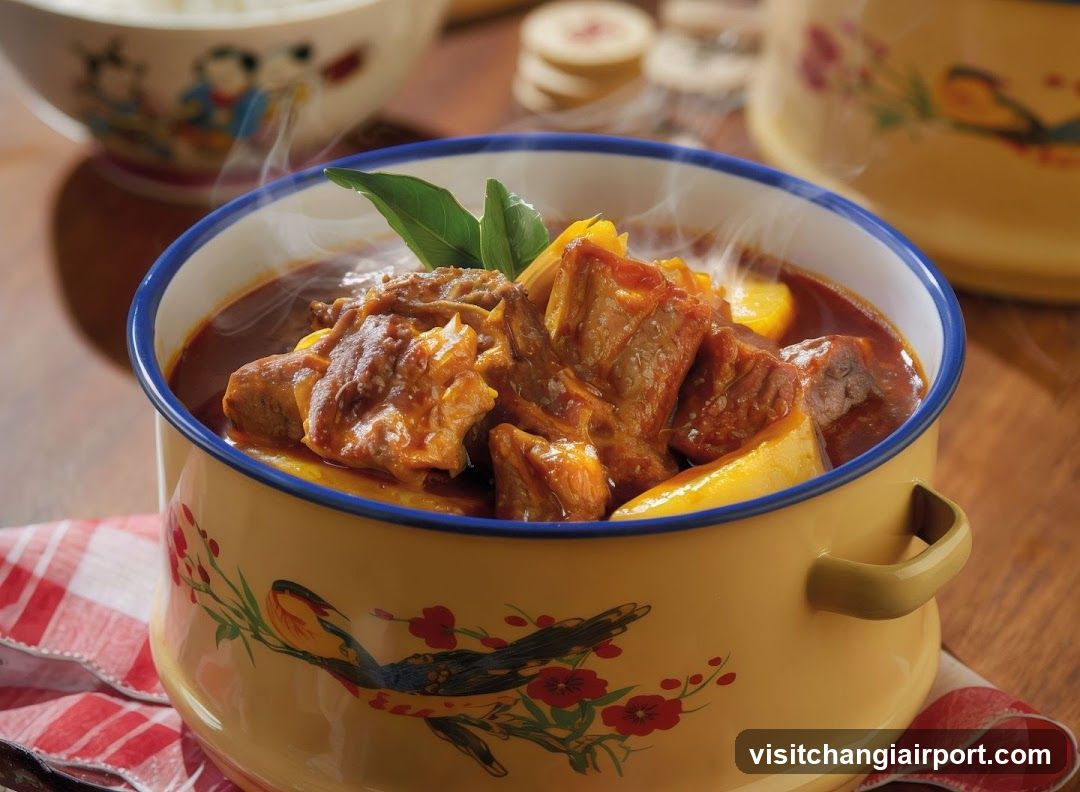 Hearty stew in decorative bowl
