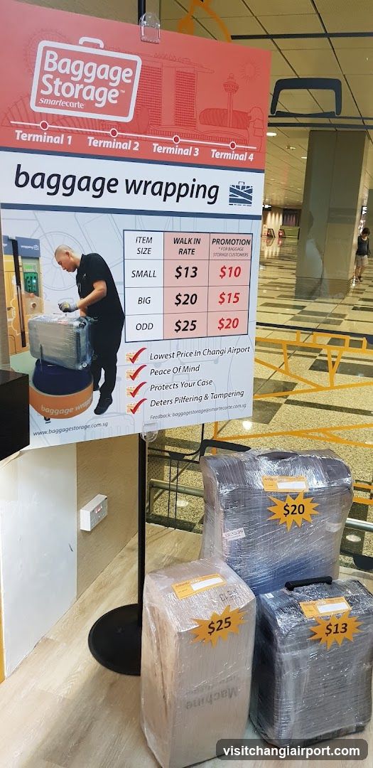 Baggage Storage Signage and Wrapped Luggage