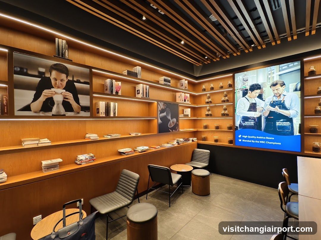 Coffee Shop Interior with Display Screens and Seating Area