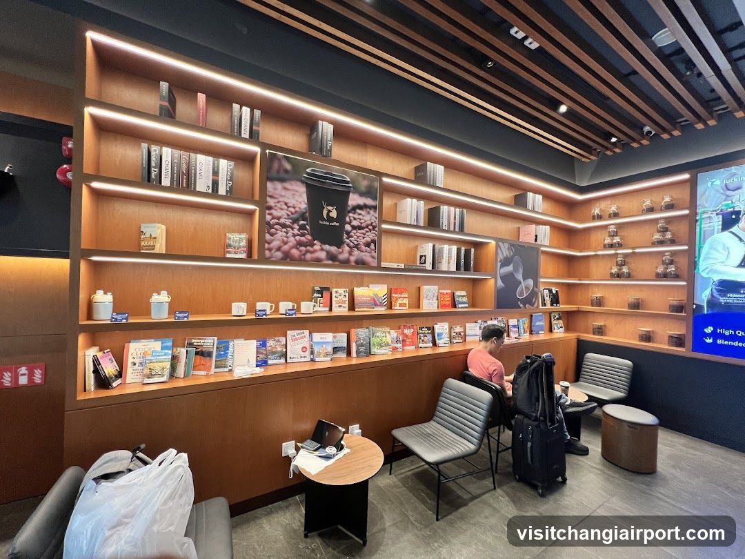 Coffee Shop Interior with Bookshelves and Seating Area