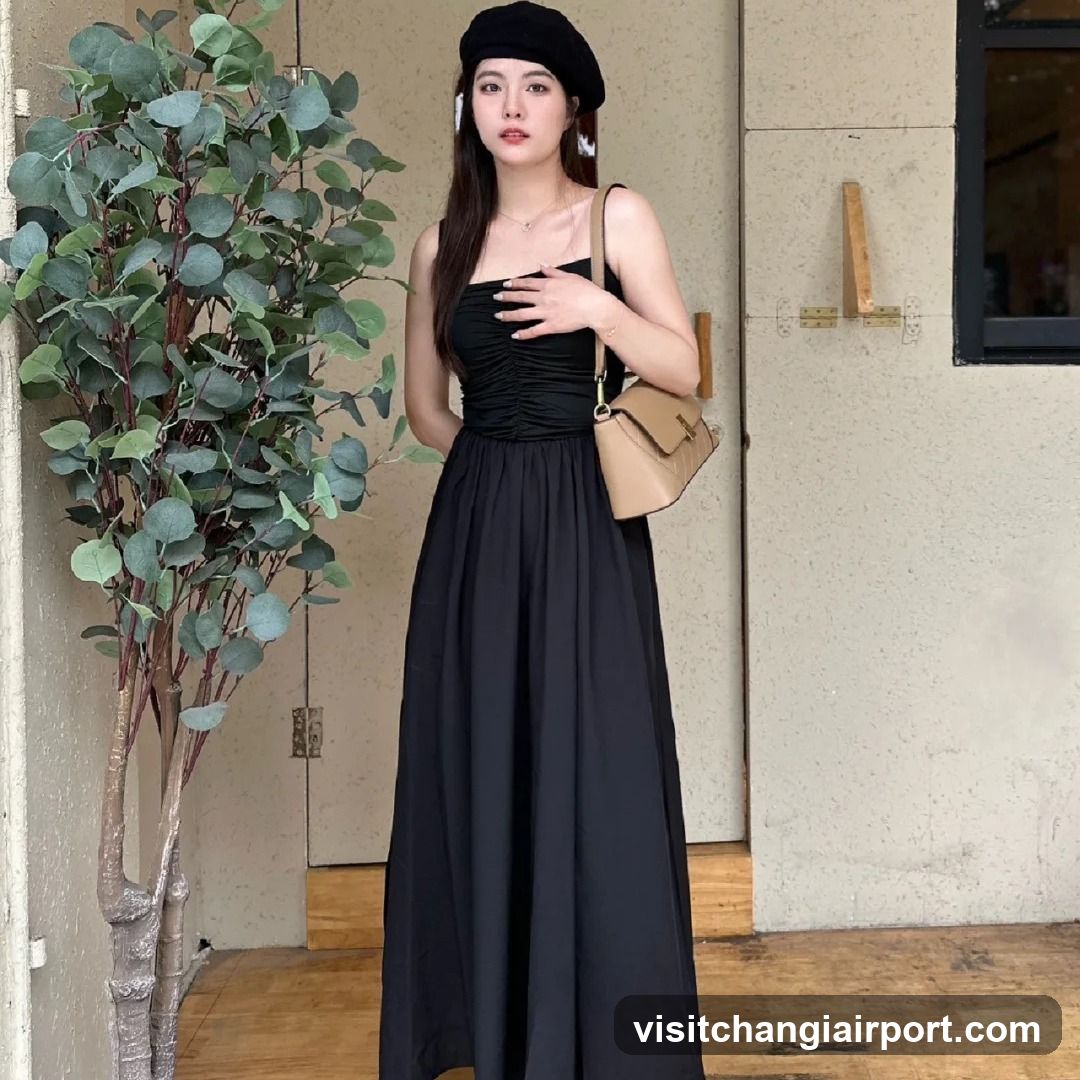 Woman in black dress and beret
