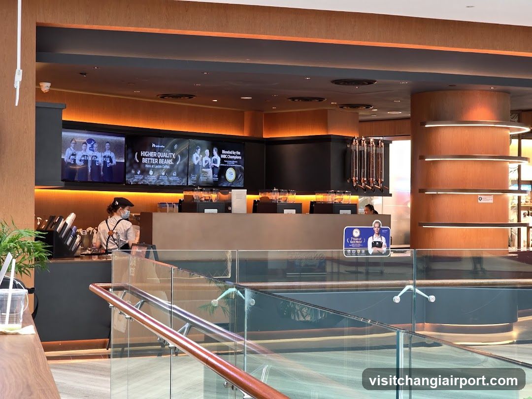 Coffee Shop Interior with Staff and Screens