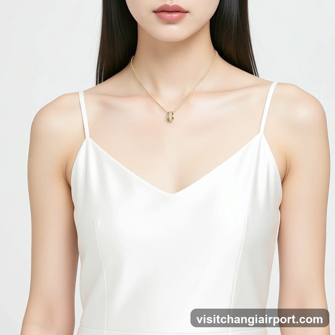 Model wearing white slip dress and gold necklace