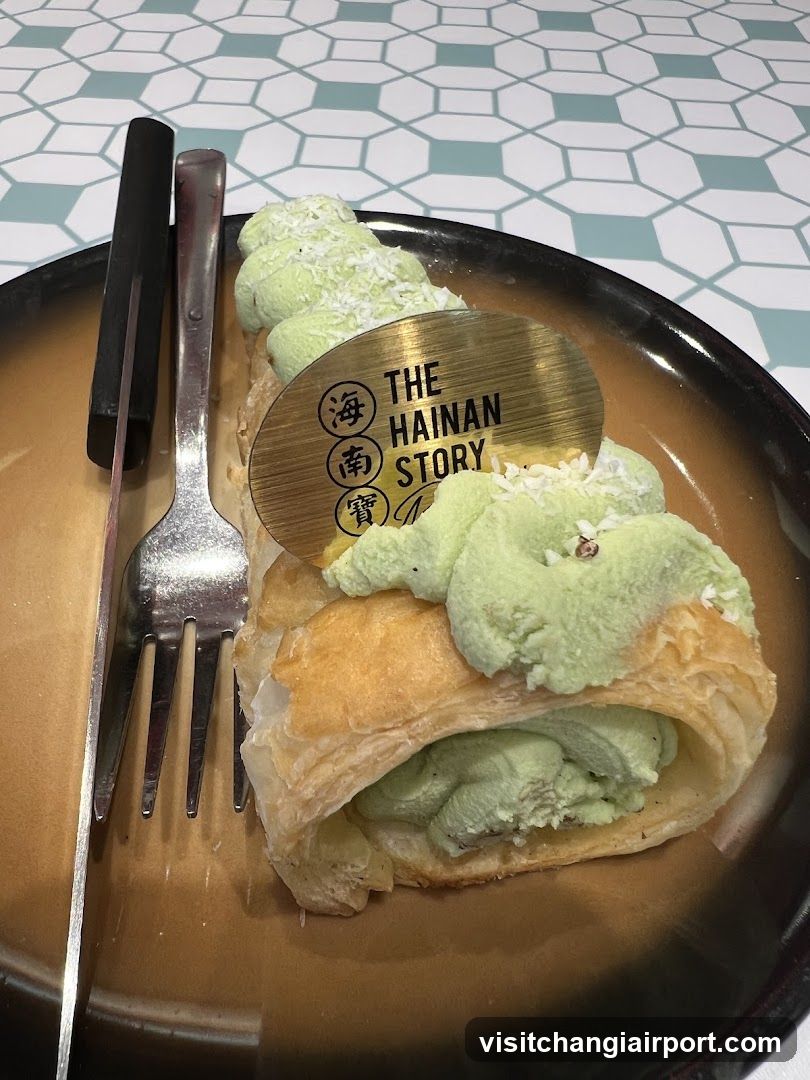 Matcha Ice Cream Pastry with The Hainan Story Sign