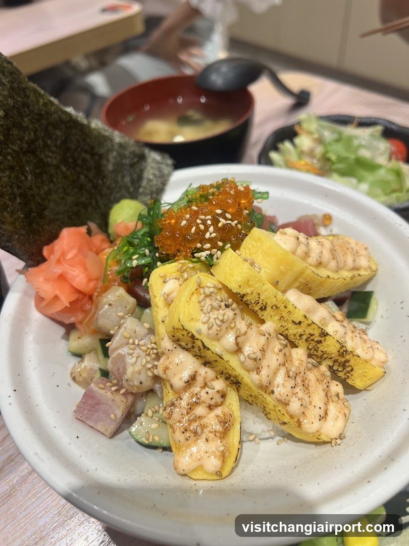 Japanese-style food bowl with egg and salmon