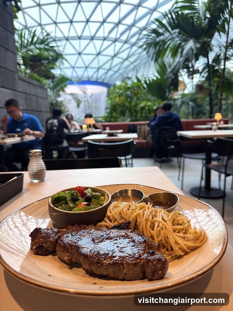 Steak and Pasta Meal in Indoor Dining Area