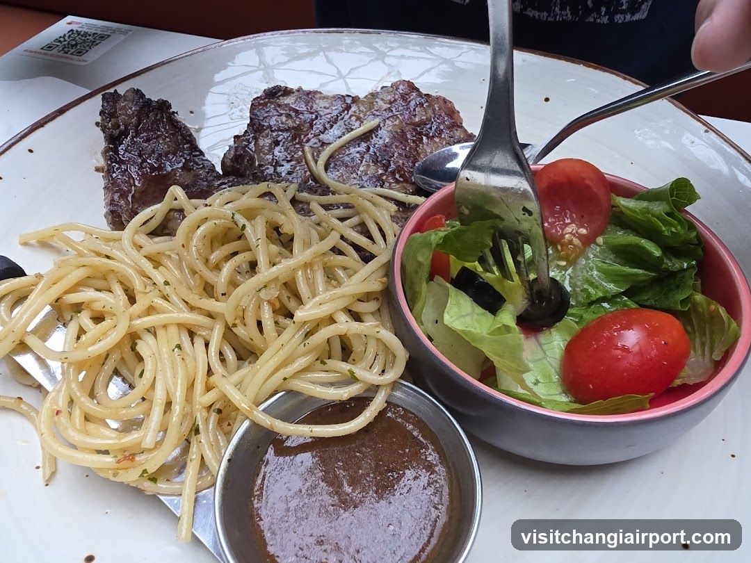 Meal with Pasta, Steak and Salad