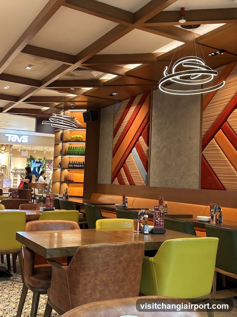 Restaurant Interior with Decorative Walls and Seating