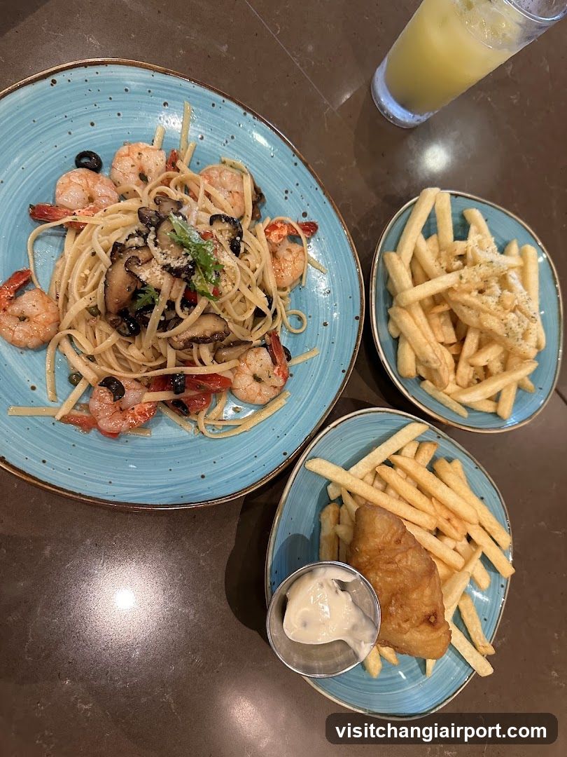Shrimp Pasta and Fish & Chips Meal