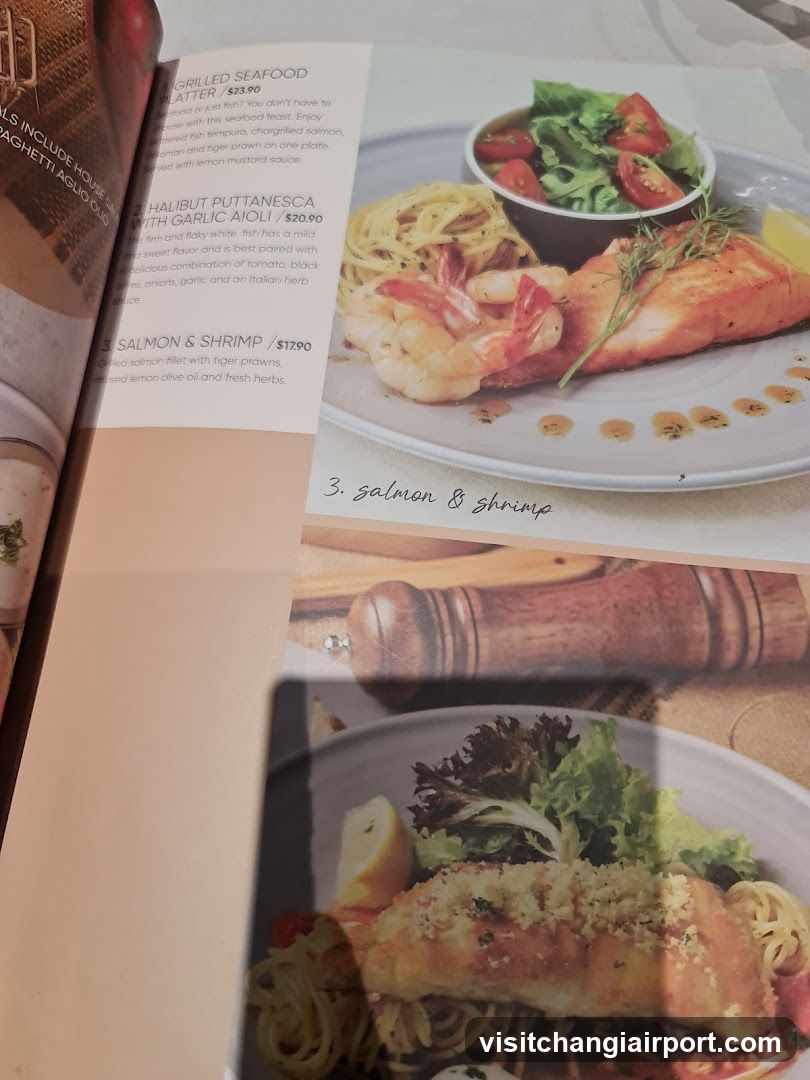 Food Menu Page with Salmon and Shrimp Dish
