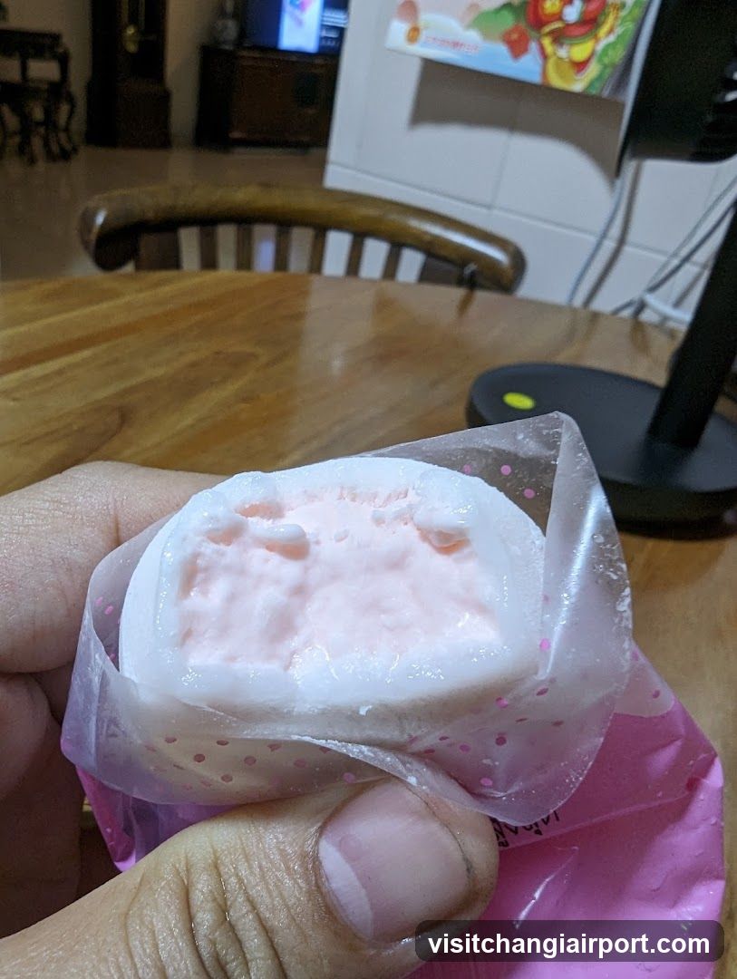 Hand holding a pink mochi-like snack
