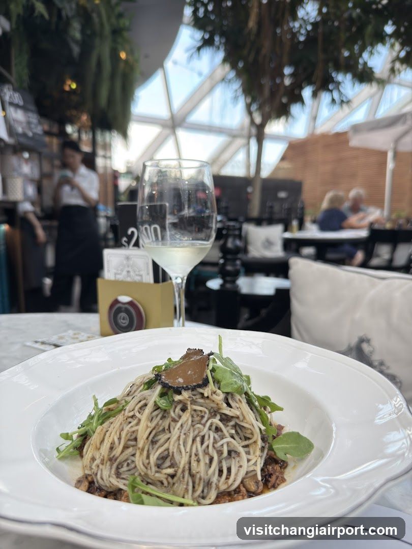 Pasta Dish with Wine in Restaurant Interior