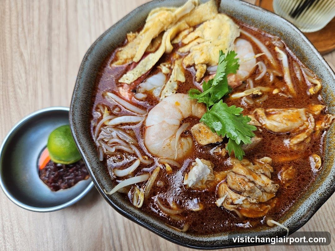 Bowl of Spicy Noodle Soup with Shrimp and Chicken