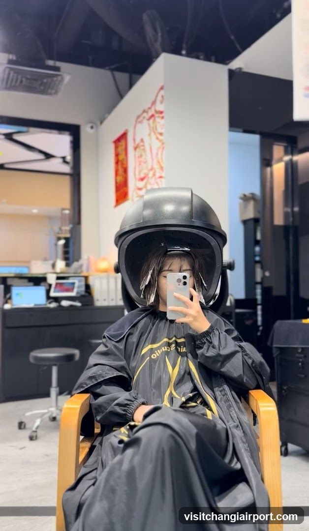 Hair Salon Interior with Customer in Helmet