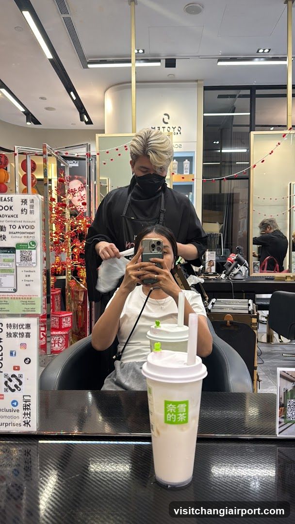 Hair Salon Interior with Customer Taking Mirror Selfie