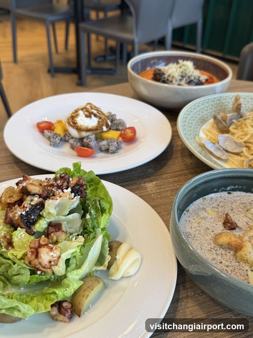 Dining Table with Seafood and Salad Dishes