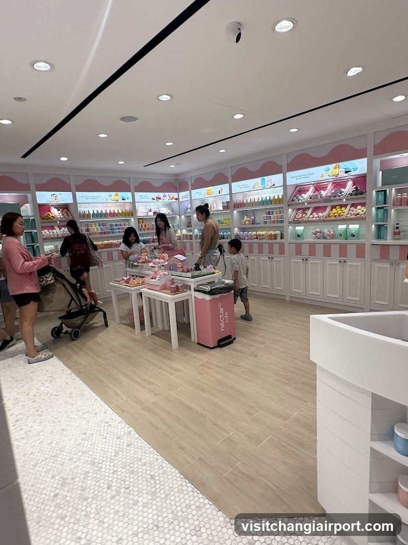 Interior of a brightly lit retail store with pink and white decor, customers browsing products on display tables and shelves.