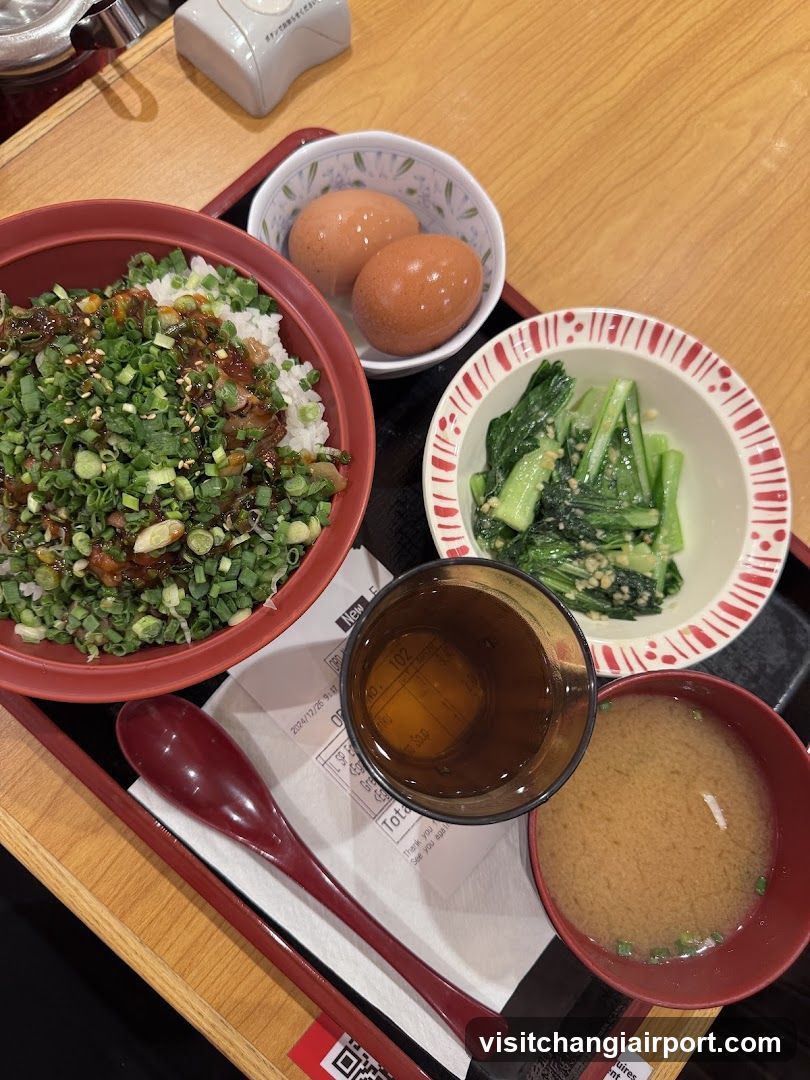Meal Tray with Rice Bowl, Eggs, Greens, Soup and Tea