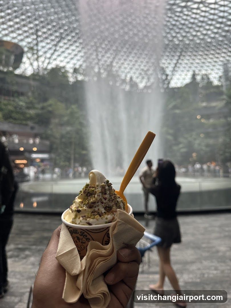 Ice cream with fountain backdrop