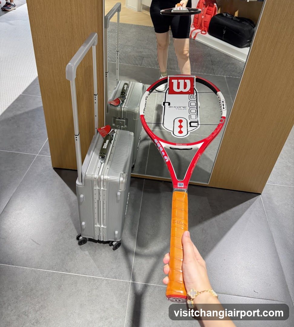 Tennis racket and luggage in store