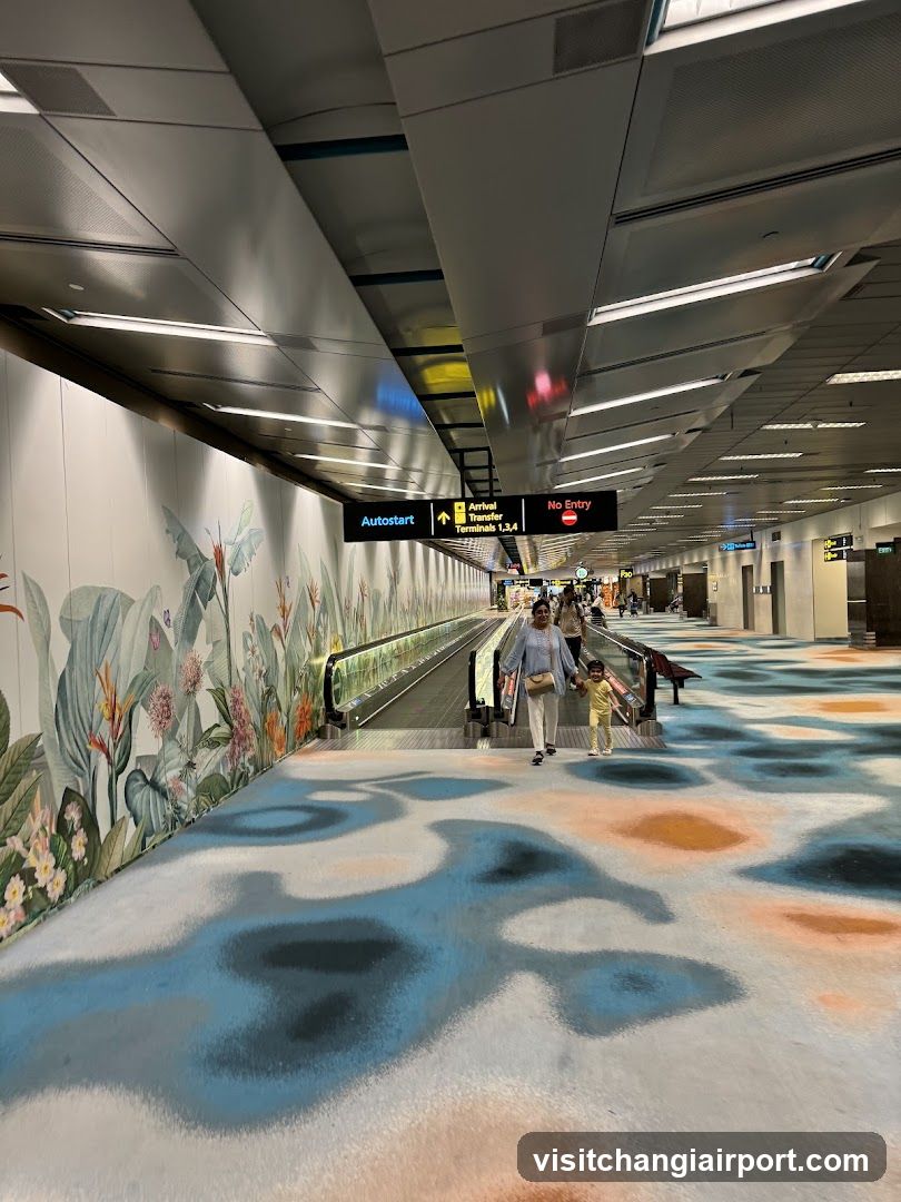 Airport Terminal Corridor with Artistic Wall Mural and Patterned Floor
