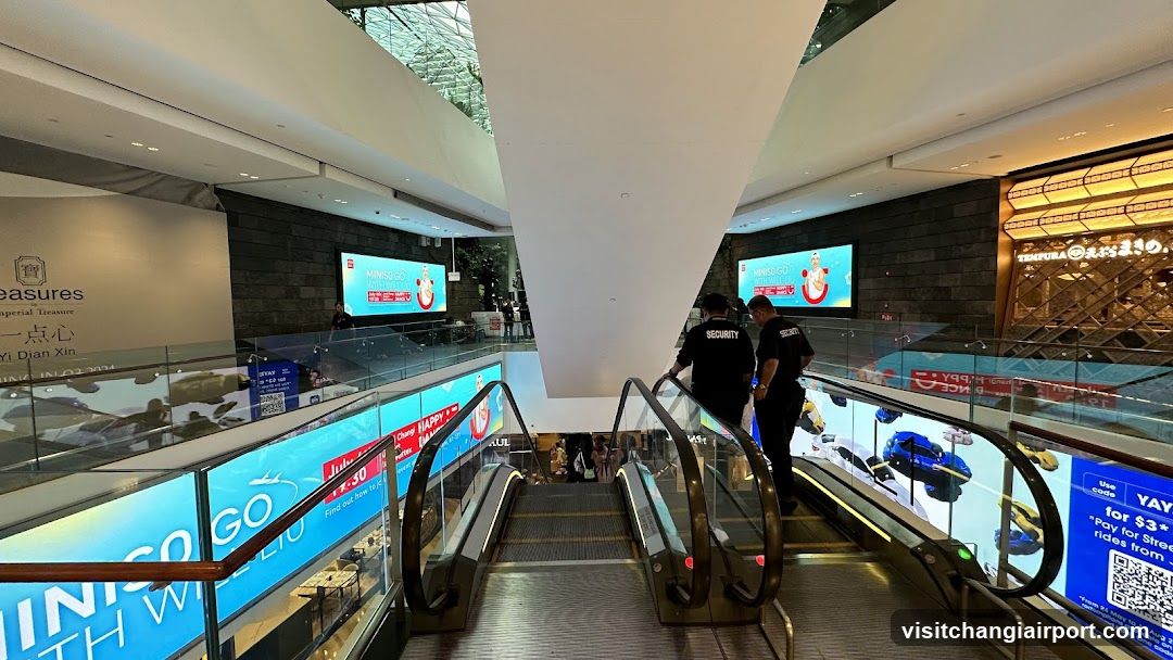 Shopping Mall Interior with Escalators and Security Guards