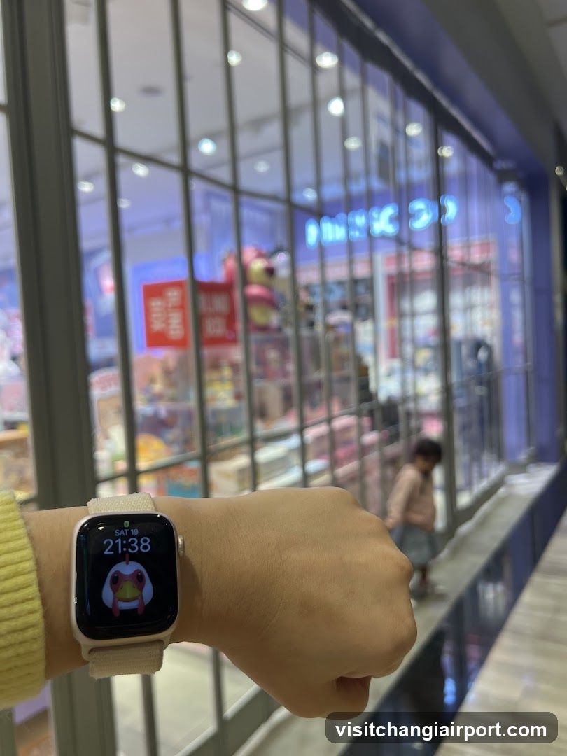 Smartwatch in foreground with store window background