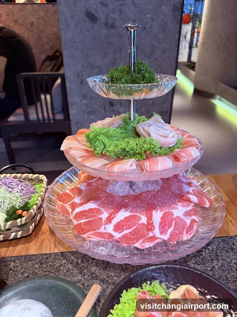 Three-tiered meat platter with ice and garnish