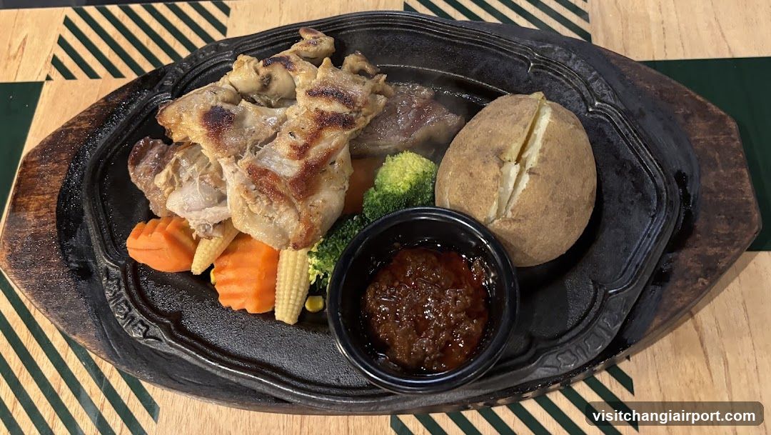Sizzling Plated Meal with Grilled Chicken and Vegetables