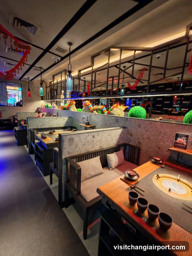 Restaurant Interior with Booth Seating and Decorative Elements