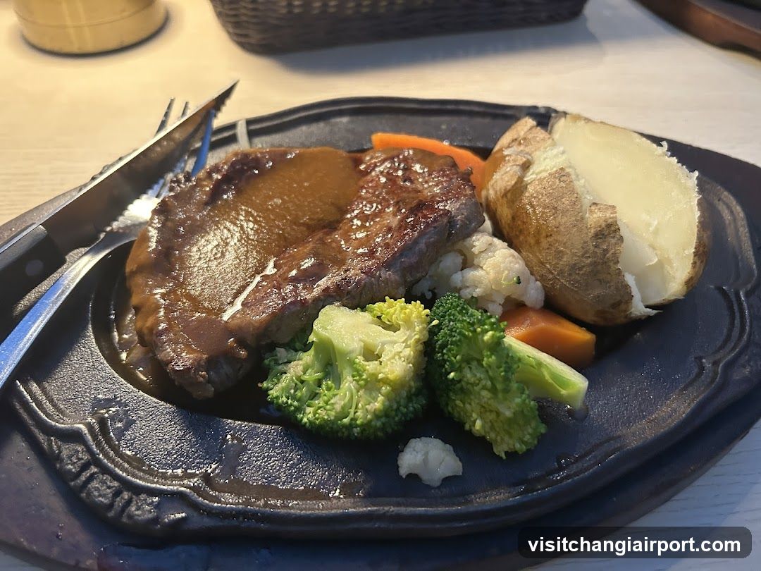 Steak with sides on cast iron plate
