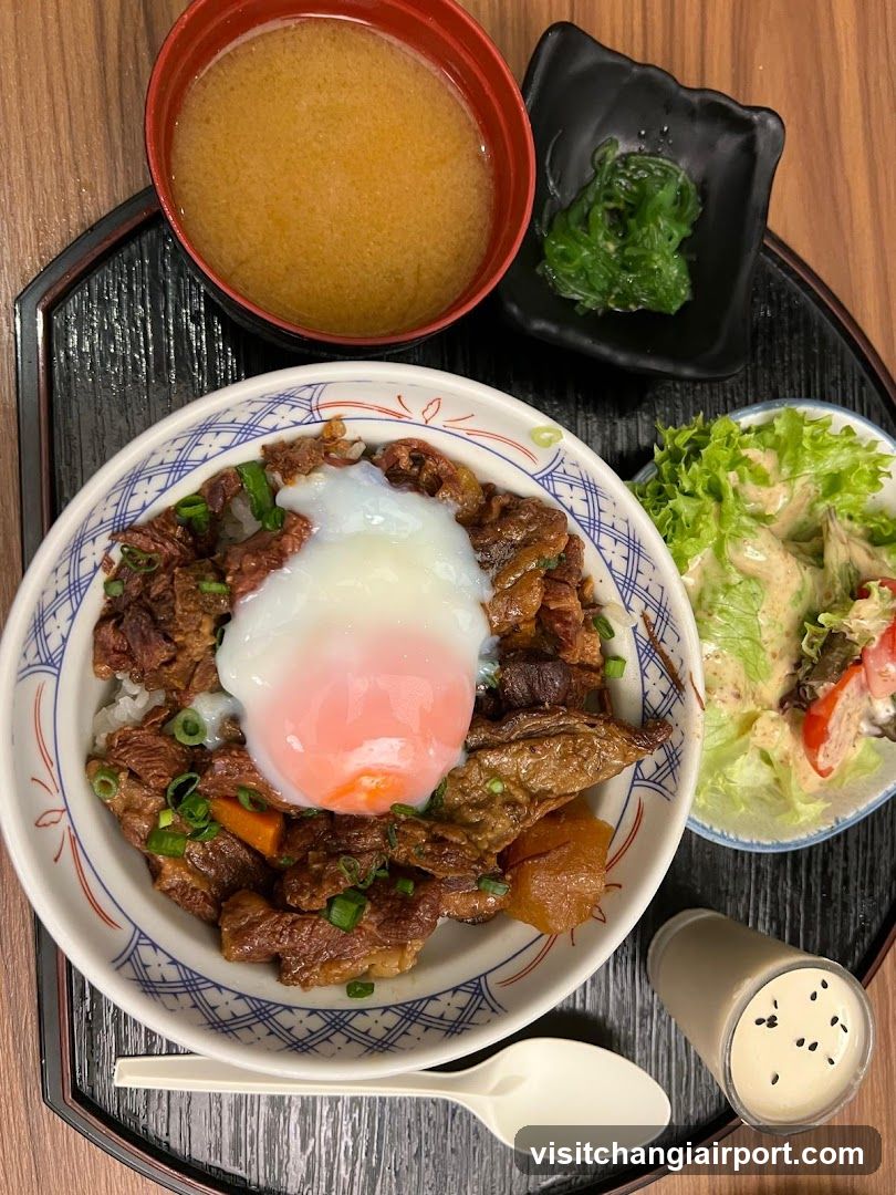 Japanese-style meal set with rice bowl, soup, and salad