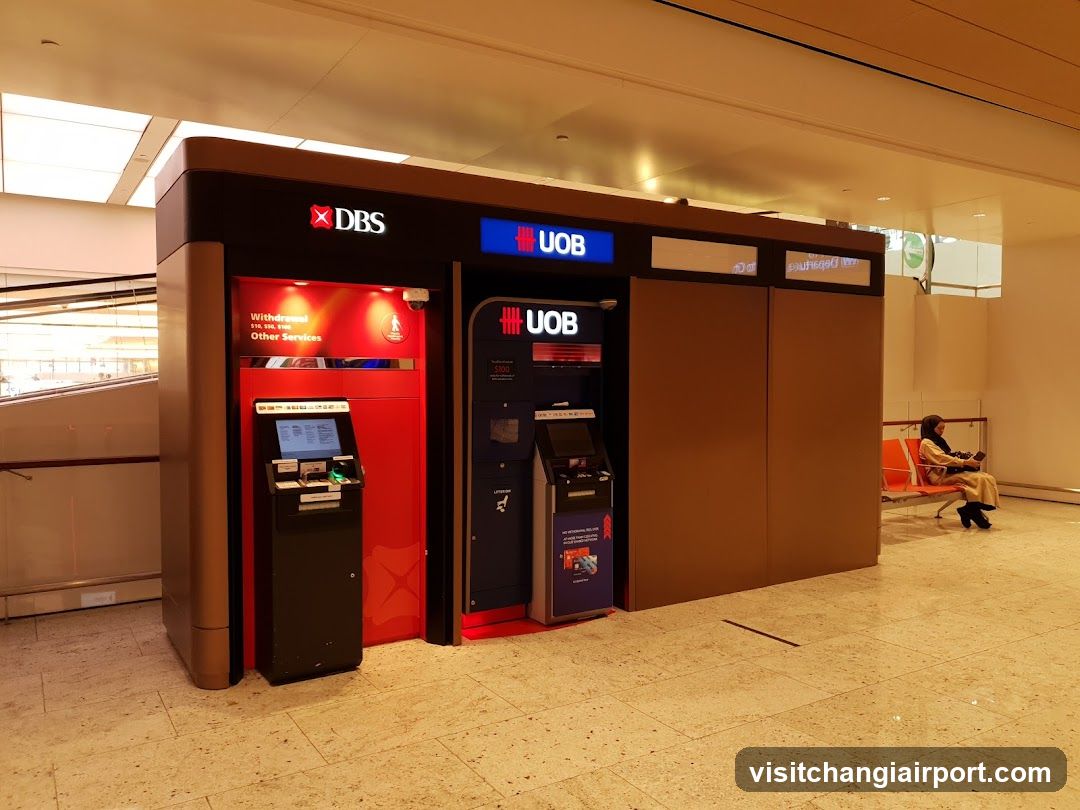 A modern ATM banking kiosk featuring DBS and UOB branded machines, located in a spacious indoor area with polished flooring and ambient lighting.