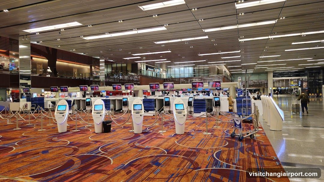 A spacious airport terminal interior featuring multiple rows of white self-service check-in kiosks arranged on a patterned orange and blue carpet. The ceiling is high with recessed lighting and ventilation grilles. In the background, there are glass-walled offices or lounges, and further back, a wide concourse area with travelers and luggage carts. No shop front or menu board is visible.