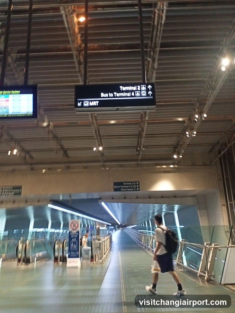 Interior view of an airport terminal walkway with overhead signage directing passengers to Terminal 2 and Bus to Terminal 4. A person walks along the corridor, passing escalators on the left.
