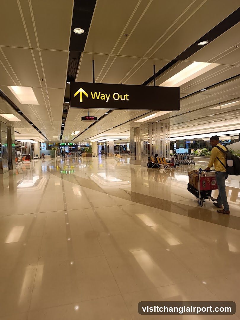 A spacious, brightly lit airport terminal hallway with polished floors reflecting overhead lights. A large black sign above reads 'Way Out' with an upward arrow. In the background, there are rows of yellow and orange seating, luggage carts, and a person pushing a cart loaded with boxes. The area appears quiet and mostly empty.