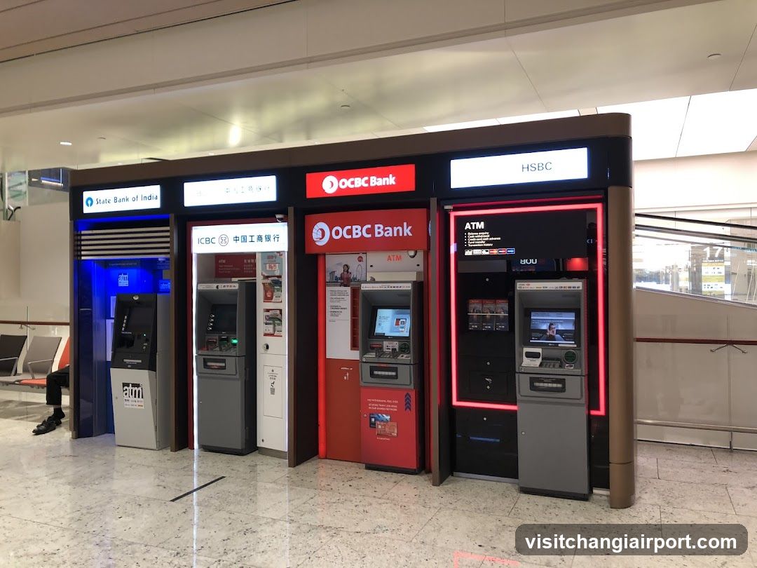 A row of ATM banking kiosks in a public terminal, featuring banks such as State Bank of India, ICBC (China Merchants Bank), OCBC Bank, and HSBC. Each kiosk has distinct branding with illuminated signage above the machines. The floor is tiled, and seating is visible to the left.