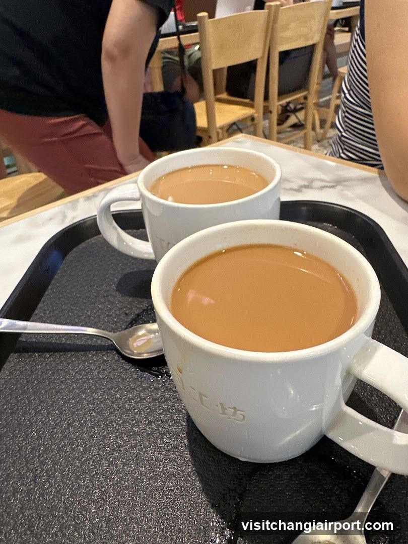 Two cups of tea on a tray in a cafe