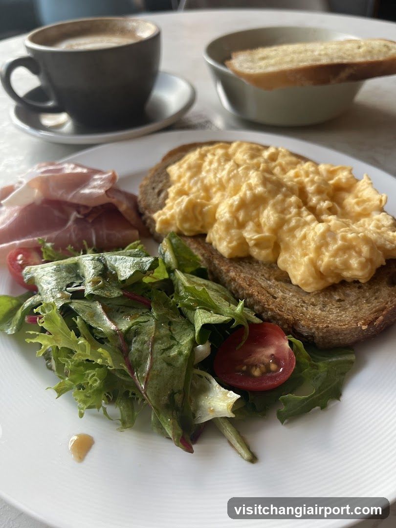 Breakfast with scrambled eggs and coffee