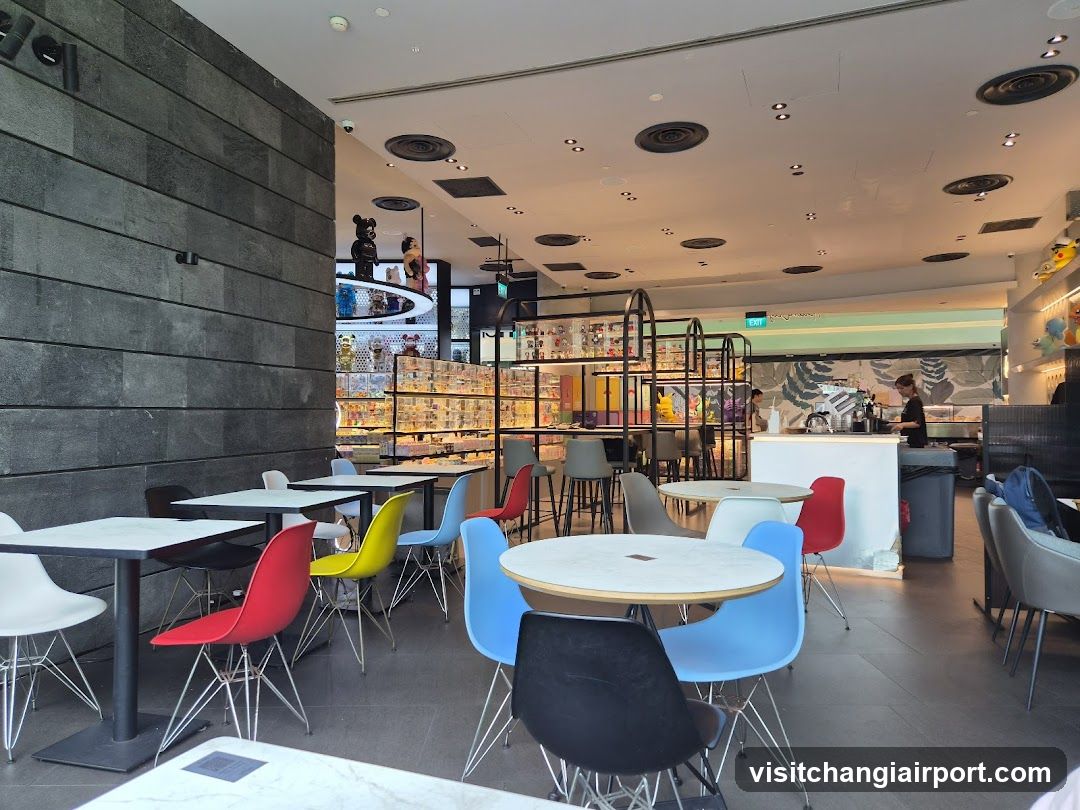 Modern Cafe Interior with Colorful Chairs and Merchandise Display