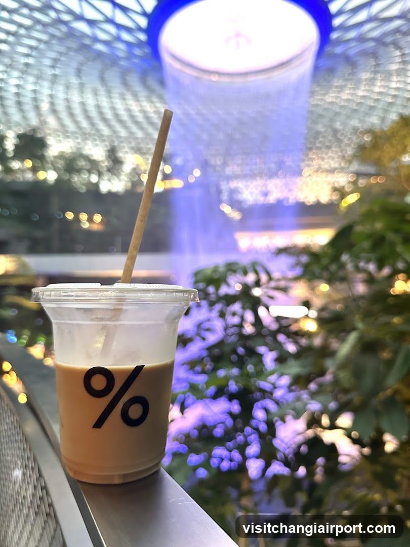 Coffee with indoor waterfall view