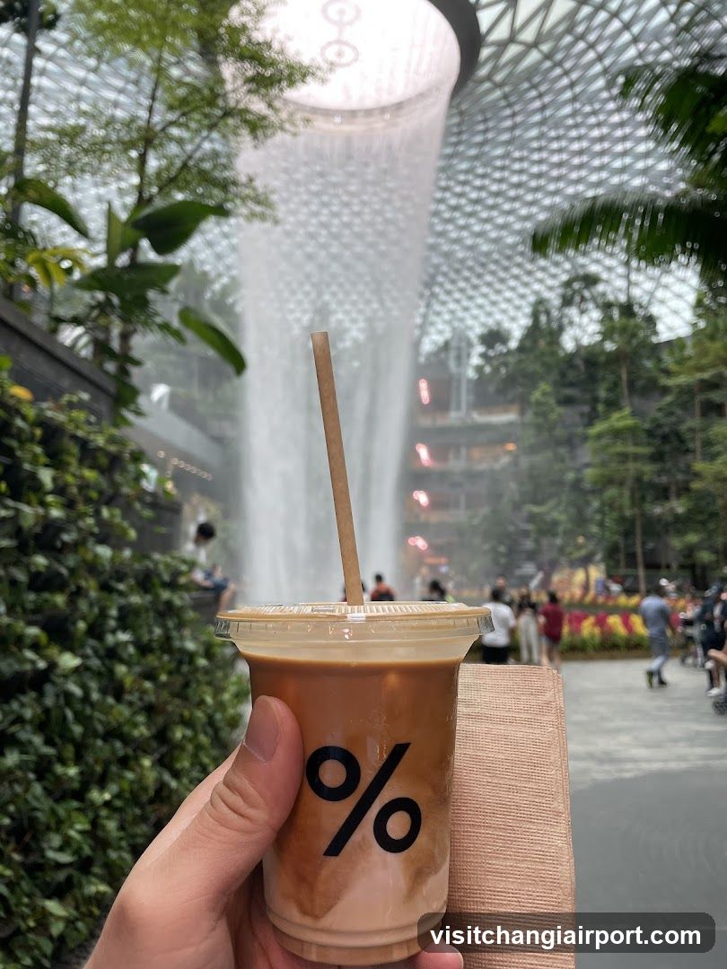 Coffee with % logo in foreground
