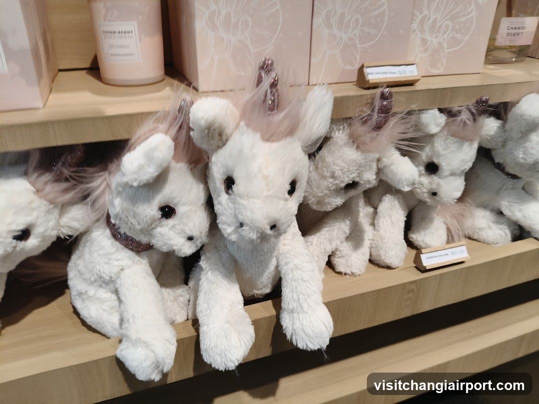Unicorn plush toys on display shelf