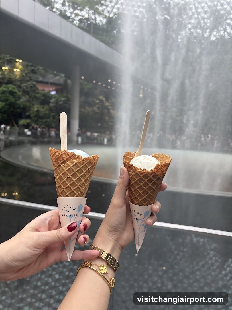 Ice Cream Cones in Front of Waterfall