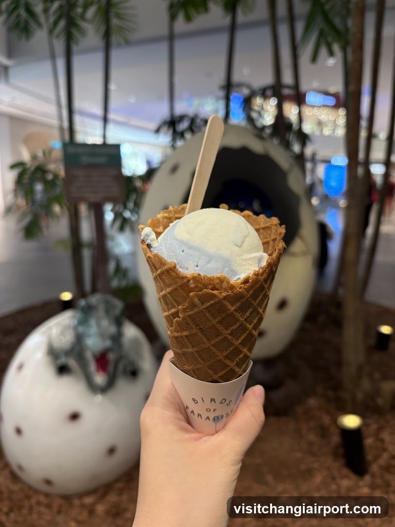 Ice cream cone in dinosaur-themed setting