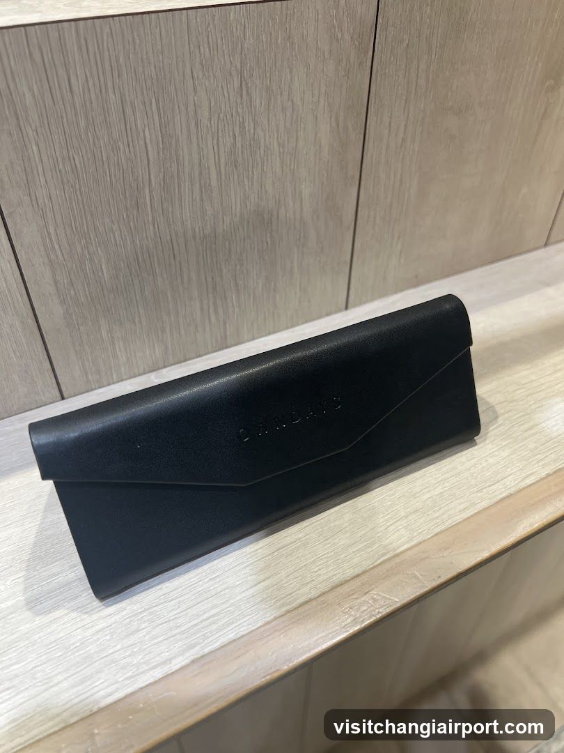 Black Eyeglass Case on Wooden Shelf