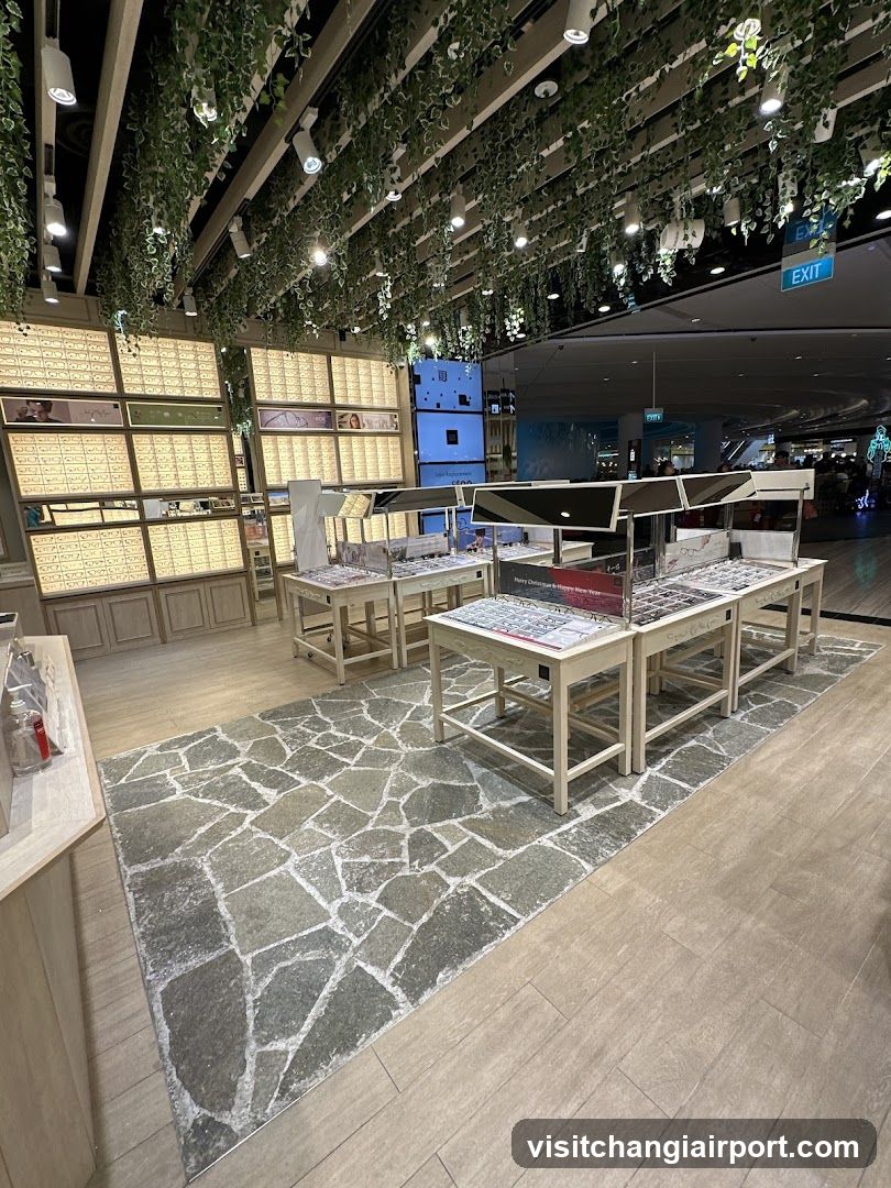 Interior of a jewelry store with hanging greenery and display tables
