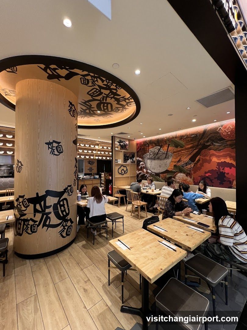 Restaurant Interior with Wooden Tables and Decorative Column