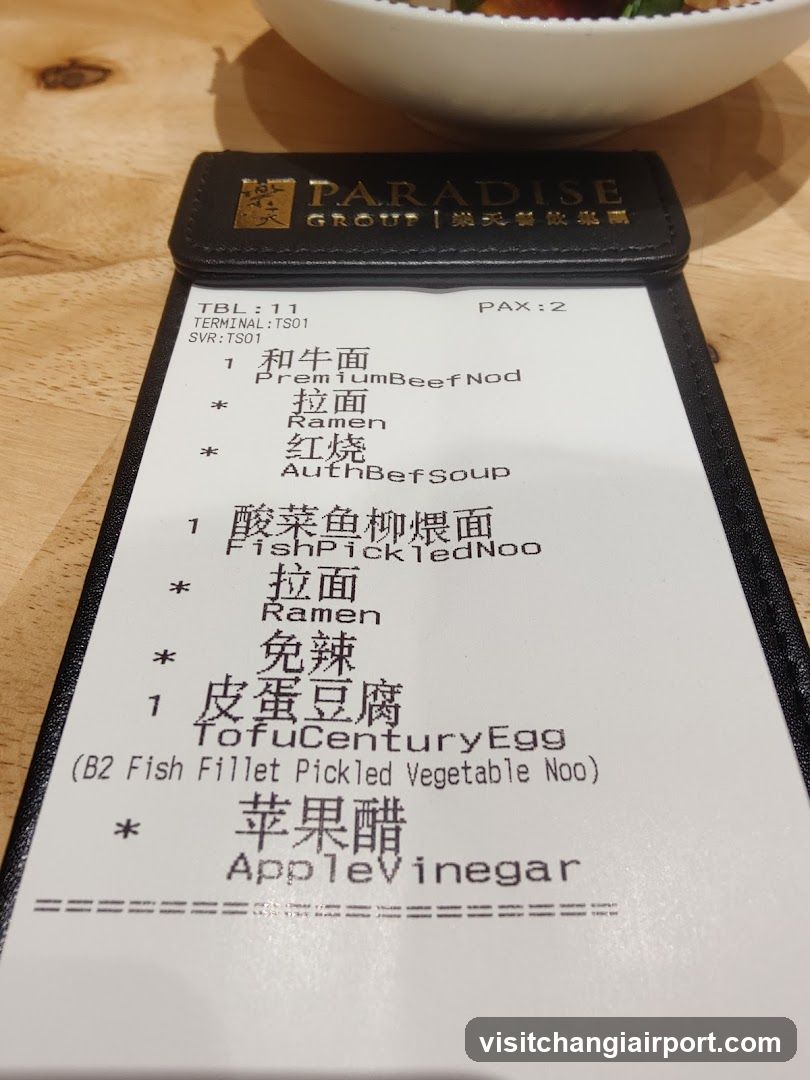 Receipt with Paradise Group Menu Items
