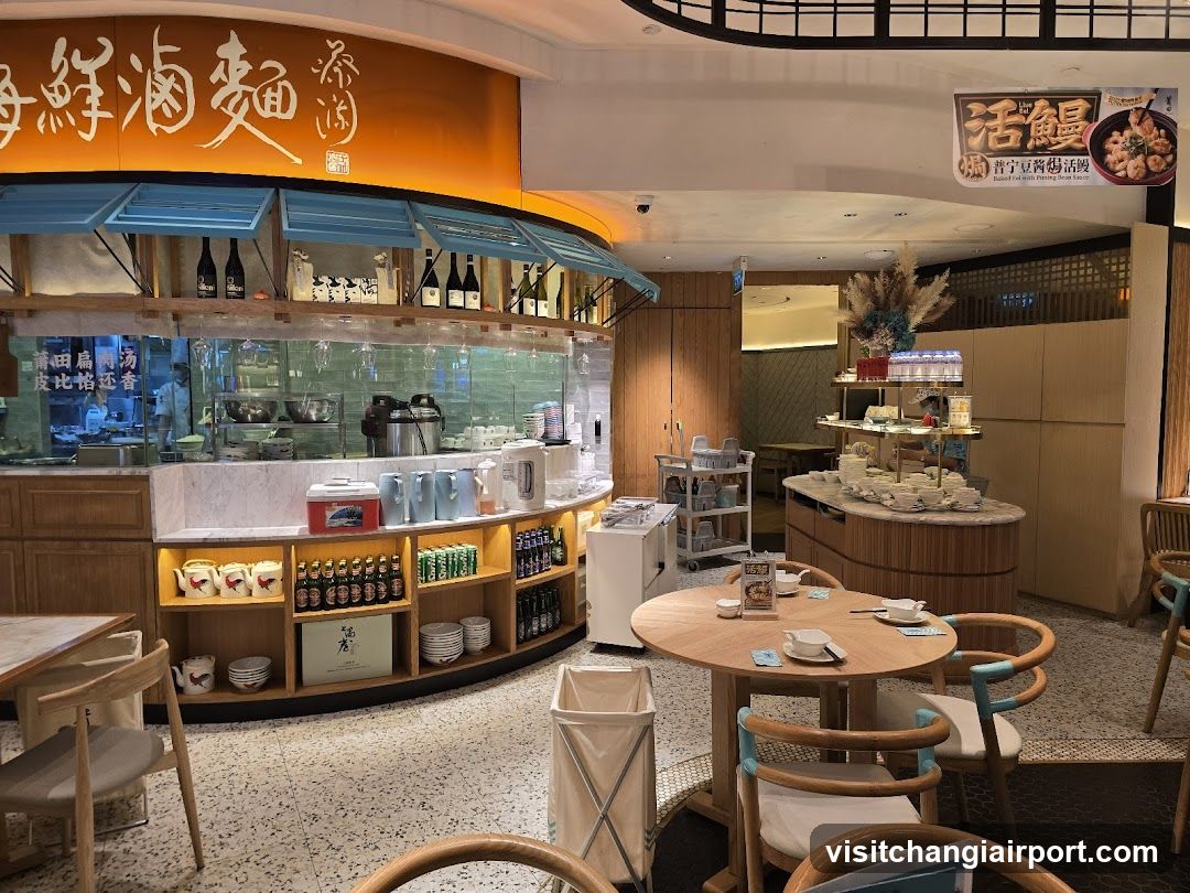 Restaurant Interior with Food Display and Seating Area